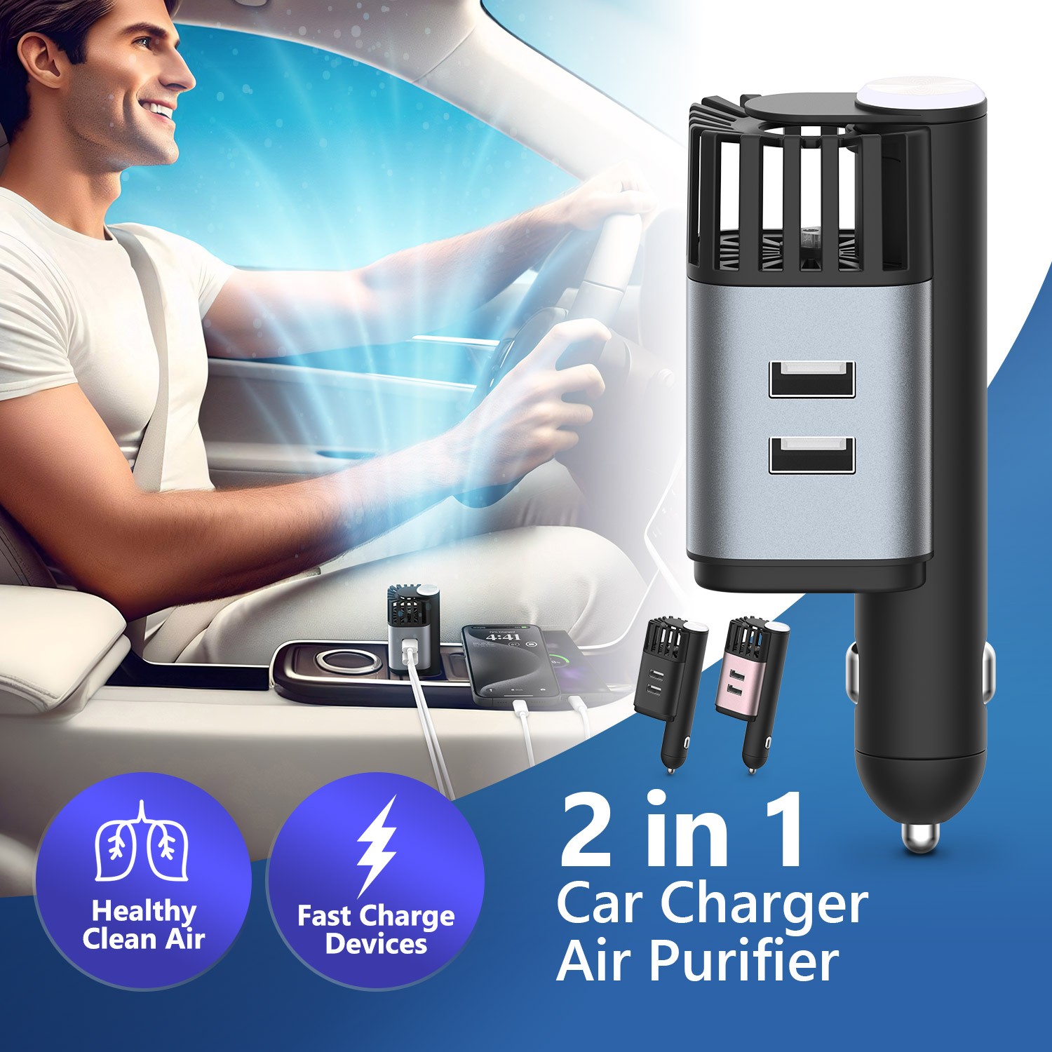 IONKINI 10th Generation 2-in-1 Car Charger Air Purifier Ionizer JO-6310